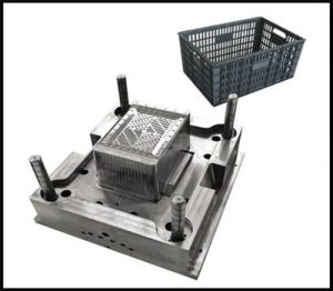 Plastic crate injection mould cavity and core with finished plastic crate product
